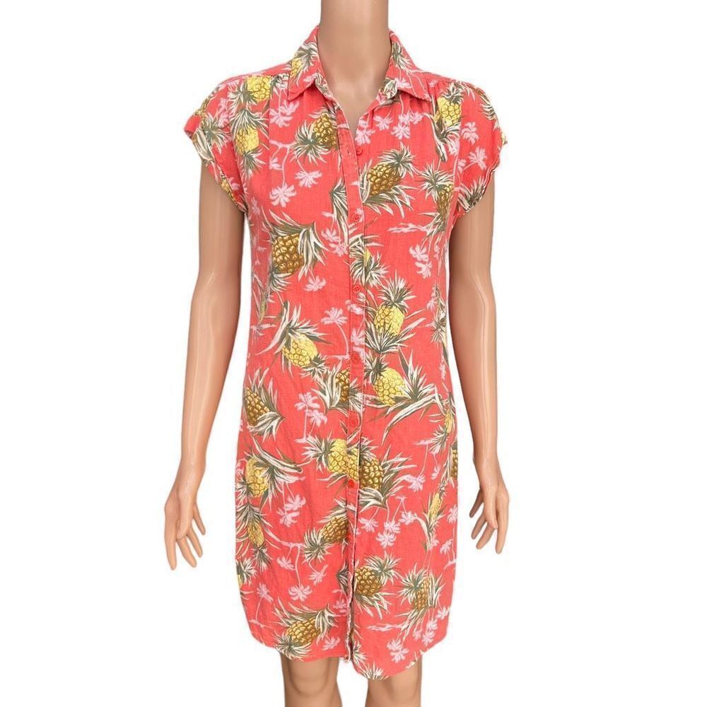 Old Navy Linen Shirt Dress Size XSmall Sheath Tropical Pineapple Hawaiian Pink
